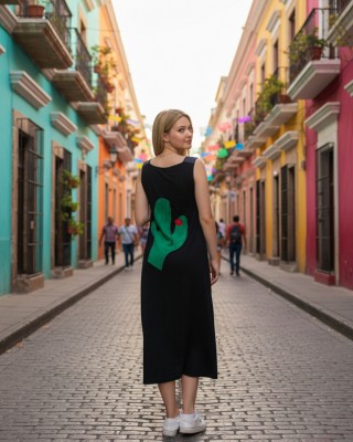 Φόρεμα midi balloon, με τζιν τιράντες, χρώμα μαύρο ή μπλε σκούρο, στρόγγυλη λαιμόκοψη, μήκος 112εκ από ώμο, Βαμβάκι 100%, Σχέδιο Κάκτο στην πλάτη 