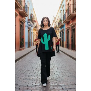 Mπλουζοφόρεμα ασύμμετρο, Μήκος από τον ώμο 80εκ μπροστινό μέρος και το πίσω μέρος 90εκ. με κοντό μανίκι βαμβάκι 100% με σχέδιο Τον Κάκτο  