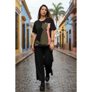 Καλοκαιρινή Μπλούζα με κοντό μανίκι, μήκος από ώμο 65εκ., με λαιμόκοψη χαμόγελο, υπέροχο άνετο βαμβάκι 100% στυλ με σχέδιο γατούλες 