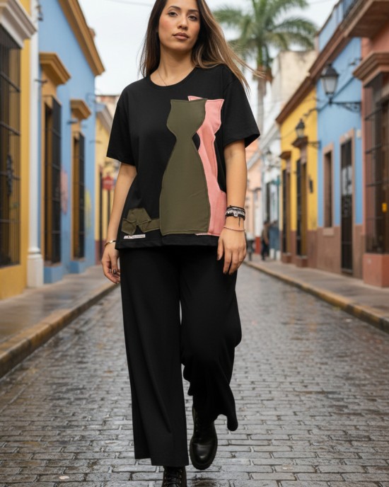 Καλοκαιρινή Μπλούζα με κοντό μανίκι, μήκος από ώμο 65εκ., με λαιμόκοψη χαμόγελο, υπέροχο άνετο βαμβάκι 100% στυλ με σχέδιο γατούλες 