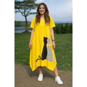 Φόρεμα midi ασύμμετρο με ανοίγματα στο πλάι, με λαιμόκοψη στρόγγυλη, κοντό μανίκι, μήκος 112εκ από ώμο , Βαμβάκι 100% σχέδιο Γατάκια 