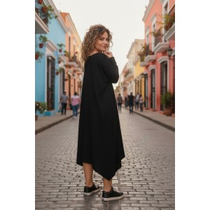 Φόρεμα midi ασύμμετρο με ανοίγματα στο πλάι, με λαιμόκοψη στρόγγυλη, με μακρύ μανίκι, μήκος 115εκ, Βαμβάκι 95% με ελασταν 5% , σχέδιο τις δύο Γάτες 