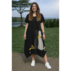 Φόρεμα midi ασύμμετρο με ανοίγματα στο πλάι, με λαιμόκοψη στρόγγυλη, κοντό μανίκι, μήκος 112εκ από ώμο , Βαμβάκι 100% σχέδιο Γατάκια 