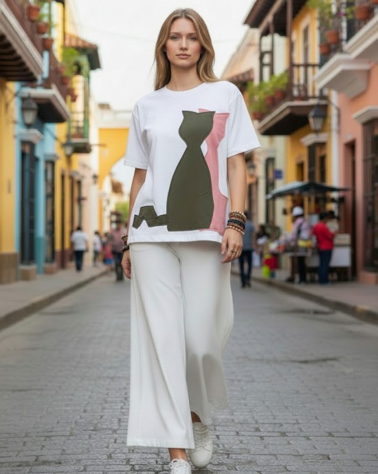 Καλοκαιρινή Μπλούζα με κοντό μανίκι, μήκος από ώμο 65εκ., με λαιμόκοψη χαμόγελο, υπέροχο άνετο βαμβάκι 100% στυλ με σχέδιο γατούλες 