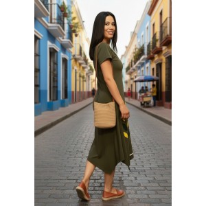 Μίντι φόρεμα, χαμόγελο λαιμόκοψη, μικρά πλαϊνά ανοίγματα στο τελείωμα, μήκος 115εκ., Βαμβάκι100% με σχέδιο τα φυλλαράκια 