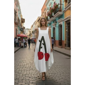 Φόρεμα Μίντι Μπαλούν, στρόγγυλη λαιμόκοψη, αμάνικο, μήκος 120εκ από τον ώμο, Βαμβάκι 100%, με σχέδιο κερασάκια