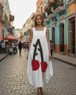 Φόρεμα Μίντι Μπαλούν, στρόγγυλη λαιμόκοψη, αμάνικο, μήκος 120εκ από τον ώμο, Βαμβάκι 100%, με σχέδιο κερασάκια
