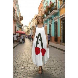 Φόρεμα Μίντι Μπαλούν, στρόγγυλη λαιμόκοψη, με Τζιν τιράντες, μήκος 120εκ από τον ώμο, Βαμβάκι 100%, με σχέδιο κερασάκια