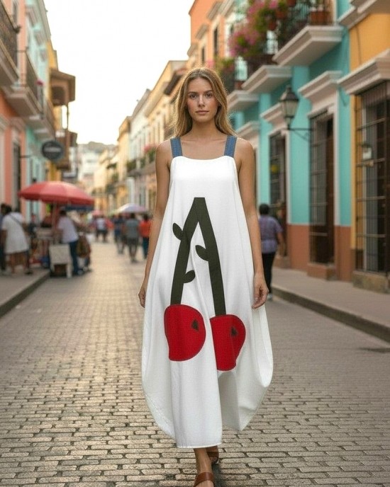 Φόρεμα Μίντι Μπαλούν, στρόγγυλη λαιμόκοψη, με Τζιν τιράντες, μήκος 120εκ από τον ώμο, Βαμβάκι 100%, με σχέδιο κερασάκια