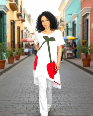 Mπλουζοφόρεμα ασύμμετρο, Μήκος από τον ώμο 80εκ μπροστινό μέρος και το πίσω μέρος 90εκ. με κοντό μανίκι βαμβάκι 100% με σχέδιο τα κερασάκια 