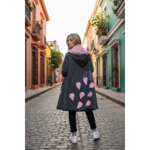 Πανωφόρι Midi, γκρι σκούρο ασύμμετρο, σε στυλ κάπας με μανίκι, Χειροποίητο με αγάπη, με Κουκούλα, Άνετο ζεστό, Φούτερ με χνούδι, με πλαϊνές τσέπες, ΧΩΡΙΣ φερμουάρ, Σύννεφο και σταγόνες