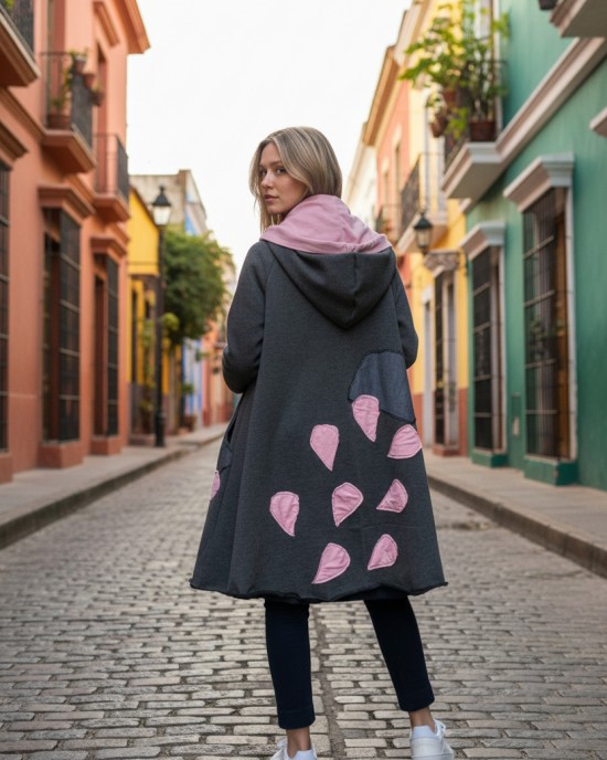 Πανωφόρι Midi, γκρι σκούρο ασύμμετρο, σε στυλ κάπας με μανίκι, Χειροποίητο με αγάπη, με Κουκούλα, Άνετο ζεστό, Φούτερ με χνούδι, με πλαϊνές τσέπες, ΧΩΡΙΣ φερμουάρ, Σύννεφο και σταγόνες