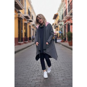 Πανωφόρι Midi, γκρι σκούρο ασύμμετρο, σε στυλ κάπας με μανίκι, Χειροποίητο με αγάπη, με Κουκούλα, Άνετο ζεστό, Φούτερ με χνούδι, με πλαϊνές τσέπες, ΧΩΡΙΣ φερμουάρ, Σύννεφο και σταγόνες