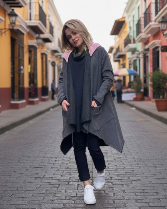 Πανωφόρι Midi, γκρι σκούρο ασύμμετρο, σε στυλ κάπας με μανίκι, Χειροποίητο με αγάπη, με Κουκούλα, Άνετο ζεστό, Φούτερ με χνούδι, με πλαϊνές τσέπες, ΧΩΡΙΣ φερμουάρ, Σύννεφο και σταγόνες