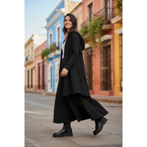 Ασύμμετρο Πανωφόρι Midi, μαύρο, σε στυλ κάπας με μανίκι, Χειροποίητο με αγάπη, Άνετο ζεστό, Φούτερ με χνούδι, με πλαϊνές τσέπες, ΧΩΡΙΣ φερμουάρ, με σχέδιο το σπίτι 