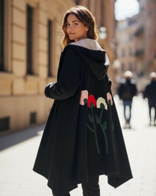 Ασύμμετρο Πανωφόρι Midi, μαύρο, σε στυλ κάπας με μανίκι, Χειροποίητο με αγάπη, Άνετο ζεστό, Φούτερ με χνούδι, με πλαϊνές τσέπες, ΧΩΡΙΣ φερμουάρ, με σχέδιο Υπέροχα Λουλούδια
