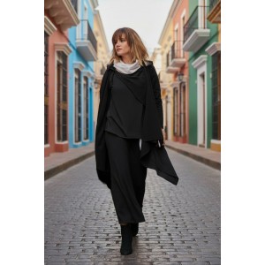Ασύμμετρο Πανωφόρι Midi, μαύρο, σε στυλ κάπας με μανίκι, Χειροποίητο με αγάπη, Άνετο ζεστό, Φούτερ με χνούδι, με πλαϊνές τσέπες, ΧΩΡΙΣ φερμουάρ, με σχέδιο το σπίτι 