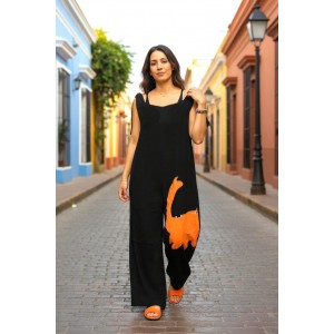 Σαλοπέτα μαύρη, ίσια χαλαρή γραμμή, δένει με κορδονάκια στο επάνω μέρος, για κάθε εποχή, σύνθεση υφάσματος Βαμβάκι 100%, με σχέδιο τον πορτοκαλι κάβουρα 