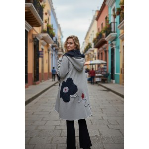  Ασύμμετρο Πανωφόρι Midi, χρώμα γκρι ανοιχτό , σε στυλ κάπας με μανίκι, Κουκούλα , Άνετο ζεστό, Φούτερ με χνούδι,  Βαμβάκι95% ελαστάν 5%, πλαϊνές τσέπες, ΧΩΡΙΣ φερμουάρ, σχέδιο Τζιν Μαργαρίτα