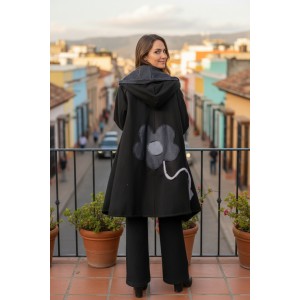 Ασύμμετρο Πανωφόρι Midi, μαύρο, σε στυλ κάπας με μανίκι, Χειροποίητο με αγάπη, Άνετο ζεστό, Φούτερ με χνούδι, με πλαϊνές τσέπες, ΧΩΡΙΣ φερμουάρ, τζιν Λουλούδι 