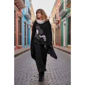 Ασύμμετρο Πανωφόρι Midi, μαύρο, σε στυλ κάπας με μανίκι, Χειροποίητο με αγάπη, Άνετο ζεστό, Φούτερ με χνούδι, με πλαϊνές τσέπες, ΧΩΡΙΣ φερμουάρ, τζιν Λουλούδι 