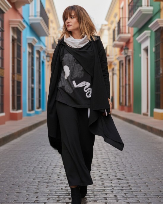 Ασύμμετρο Πανωφόρι Midi, μαύρο, σε στυλ κάπας με μανίκι, Χειροποίητο με αγάπη, Άνετο ζεστό, Φούτερ με χνούδι, με πλαϊνές τσέπες, ΧΩΡΙΣ φερμουάρ, τζιν Λουλούδι 