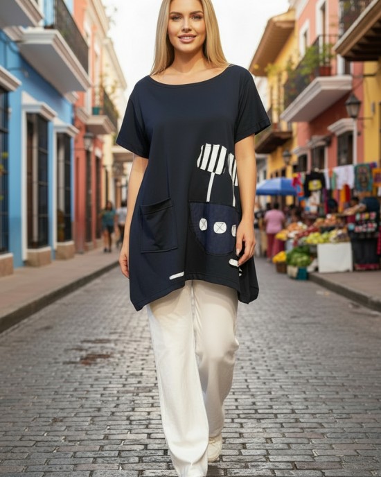 Μπλουζοφόρεμα Μαύρο, με μύτες στο πλάι, με τσέπη, σύνθεση υφάσματος: βαμβάκι 100% , μήκος από ΄ώμο 70εκ., σχέδιο  Καραβάκι