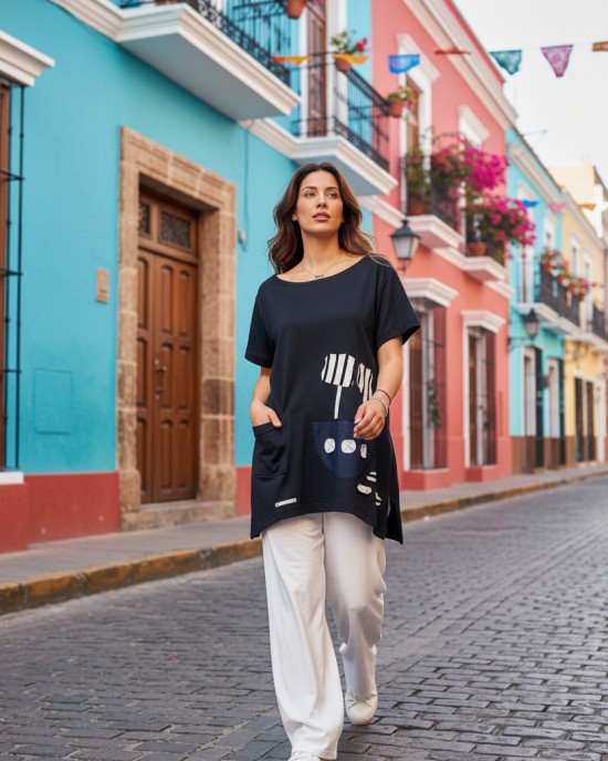 Μπλουζοφόρεμα Μαύρο, με μύτες στο πλάι, με τσέπη, σύνθεση υφάσματος: βαμβάκι 100% , μήκος από ΄ώμο 70εκ., σχέδιο  Καραβάκι