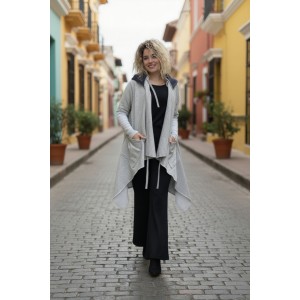  Ασύμμετρο Πανωφόρι Midi, χρώμα γκρι ανοιχτό , σε στυλ κάπας με μανίκι, Κουκούλα , Άνετο ζεστό, Φούτερ με χνούδι,  Βαμβάκι95% ελαστάν 5%, πλαϊνές τσέπες, ΧΩΡΙΣ φερμουάρ, σχέδιο Τζιν Μαργαρίτα