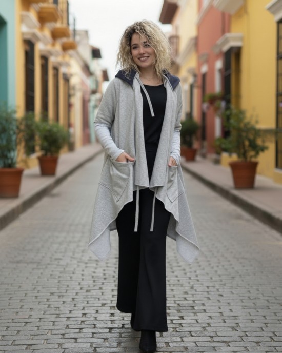  Ασύμμετρο Πανωφόρι Midi, χρώμα γκρι ανοιχτό , σε στυλ κάπας με μανίκι, Κουκούλα , Άνετο ζεστό, Φούτερ με χνούδι,  Βαμβάκι95% ελαστάν 5%, πλαϊνές τσέπες, ΧΩΡΙΣ φερμουάρ, σχέδιο Τζιν Μαργαρίτα