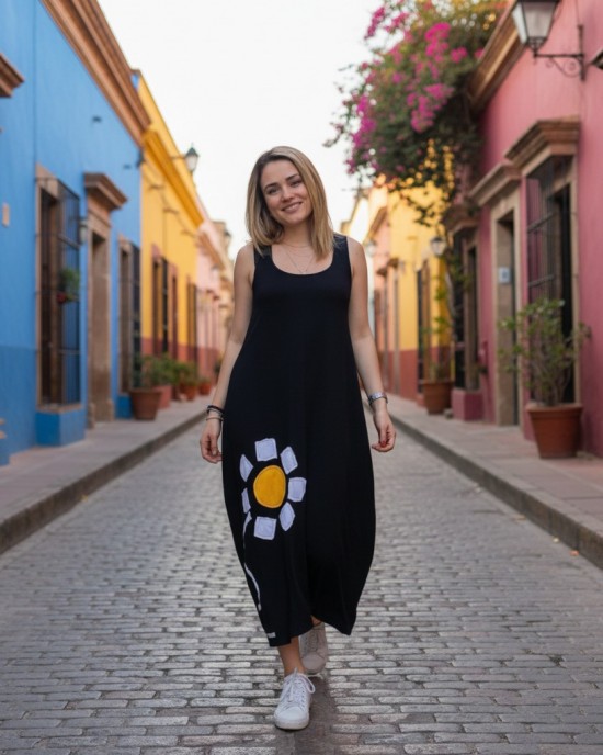 Φόρεμα midi balloon, με τζιν τιράντες, χρώμα μαύρο ή μπλε σκούρο, στρόγγυλη λαιμόκοψη, μήκος 112εκ από ώμο, Βαμβάκι 100%, Σχέδιο την μαργαρίτα