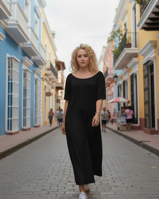 Φόρεμα μακρύ  κόκκινο ή μαύρο, μήκος από τον ώμο 135εκ., στρόγγυλη λαιμόκοψη, άνετο και δροσερό βαμβάκι 100%, κοντό μανίκι, με σχέδιο τζιν μαργαρίτα με άνοιγμα στην πλάτη