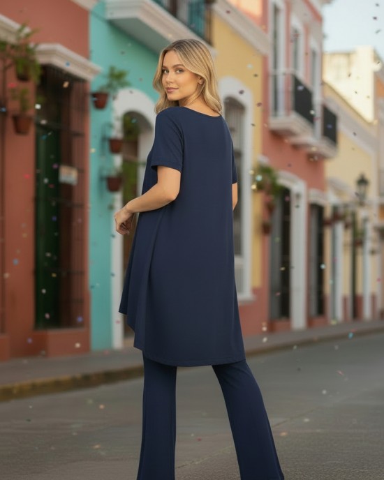 Mπλουζοφόρεμα ασύμμετρο, χρώμα blue indigo, Μήκος από τον ώμο 80εκ μπροστινό μέρος και το πίσω μέρος 90εκ. με κοντό μανίκι βαμβάκι 100%, με σχέδιομε σχέδιο  jeans hearts