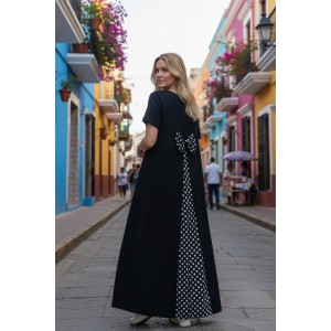 Φόρεμα μακρύ μαύρο, με πουά ουρά, φιόγκο στο πίσω μέρος, μήκος από τον ώμο 135εκ., άνετο και δροσερό βαμβάκι 100%, Κοντό μανίκι