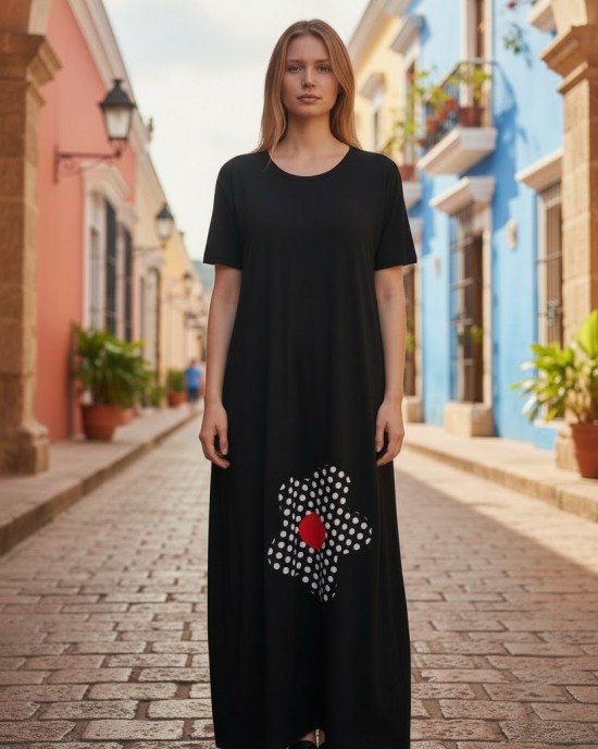 Φόρεμα μακρύ κόκκινο ή μαύρο, μήκος από τον ώμο 135εκ., στρόγγυλη λαιμόκοψη, άνετο και δροσερό βαμβάκι 100%, κοντό μανίκι, με σχέδιο Πουά  Μαργάριτα 