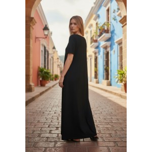 Φόρεμα μακρύ κόκκινο ή μαύρο, μήκος από τον ώμο 135εκ., στρόγγυλη λαιμόκοψη, άνετο και δροσερό βαμβάκι 100%, κοντό μανίκι, με σχέδιο Πουά  Μαργάριτα 