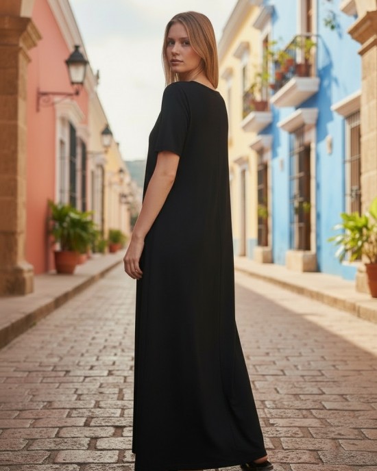 Φόρεμα μακρύ κόκκινο ή μαύρο, μήκος από τον ώμο 135εκ., στρόγγυλη λαιμόκοψη, άνετο και δροσερό βαμβάκι 100%, κοντό μανίκι, με σχέδιο Πουά  Μαργάριτα 