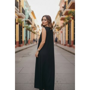 Φόρεμα μακρύ, σε χρώμα μαύρο, με μικρά ανοίγματα στο πλάι, σε άλφα γραμμή, , μήκος από τον ώμο 135εκ., άνετο και δροσερό βαμβάκι 100%, αμάνικο, με σχέδιο το Μπλε σκούρο καραβάκι