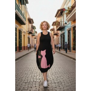 Φόρεμα midi balloon, με τζιν τιράντες, χρώμα μαύρο ή μπλε σκούρο, στρόγγυλη λαιμόκοψη, μήκος 112εκ από ώμο, Βαμβάκι 100%, Σχέδιο 2 γάτες