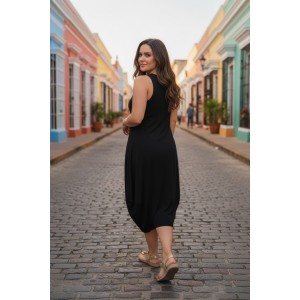 Φόρεμα midi balloon, με τζιν τιράντες, χρώμα μαύρο ή μπλε σκούρο, στρόγγυλη λαιμόκοψη, μήκος 112εκ από ώμο, Βαμβάκι 100%, Σχέδιο 2 γάτες