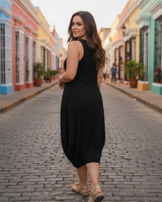 Φόρεμα midi balloon, με τζιν τιράντες, χρώμα μαύρο ή μπλε σκούρο, στρόγγυλη λαιμόκοψη, μήκος 112εκ από ώμο, Βαμβάκι 100%, Σχέδιο 2 γάτες