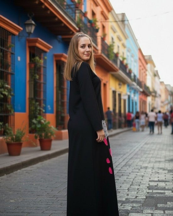 Φόρεμα  μαύρο Μακρύ, με μακρύ μανίκι, βαμβάκι95% ελαστάν5% , μήκος 135εκ., με σχέδιο σύννεφο με βροχή 