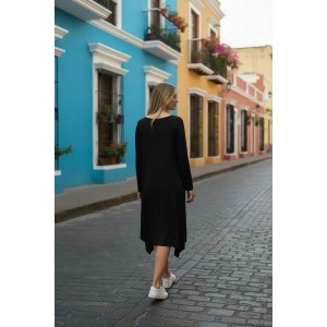 Φόρεμα midi ασύμμετρο με ανοίγματα στο πλάι, με τσέπη,με λαιμόκοψη στρόγγυλη, με μακρύ μανίκι, μήκος 115εκ, Βαμβάκι 95% με ελασταν 5%, με σχέδιο τον ελεφαντάκο