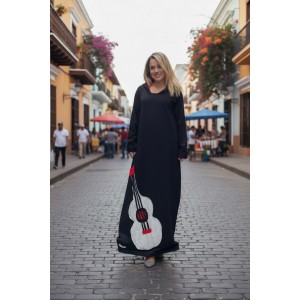 Φόρεμα μακρύ, σε άλφα γραμμή, Μακρύ μανίκι, Βαμβάκι95% ελαστάν 5% , με κουκούλα με κόκκινο εσωτερικά, μήκος 135εκ.,  με σχέδιο την κιθάρα 