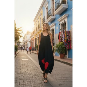 Φόρεμα midi balloon, με τζιν τιράντες, χρώμα μαύρο ή μπλε σκούρο, στρόγγυλη λαιμόκοψη, μήκος 112εκ από ώμο, Βαμβάκι 100%, Σχέδιο Όμορφη Kαρδιά 