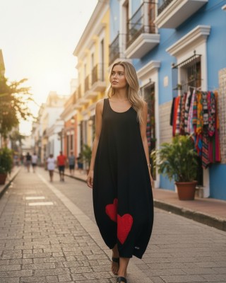 Φόρεμα midi balloon, με τζιν τιράντες, χρώμα μαύρο ή μπλε σκούρο, στρόγγυλη λαιμόκοψη, μήκος 112εκ από ώμο, Βαμβάκι 100%, Σχέδιο Όμορφη Kαρδιά 