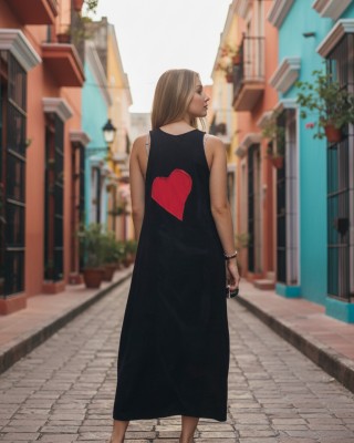 Φόρεμα midi balloon, με τζιν τιράντες, χρώμα μαύρο ή μπλε σκούρο, στρόγγυλη λαιμόκοψη, μήκος 112εκ από ώμο, Βαμβάκι 100%, Σχέδιο Όμορφη Kαρδιά 