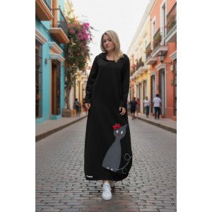 Φόρεμα Κυπαρισσί ή μαύρο Μακρύ, με κουκούλα , μακρύ μανίκι, βαμβάκι95% ελαστάν5% , μήκος 135εκ., με σχέδιο Γκρι Γατάκι