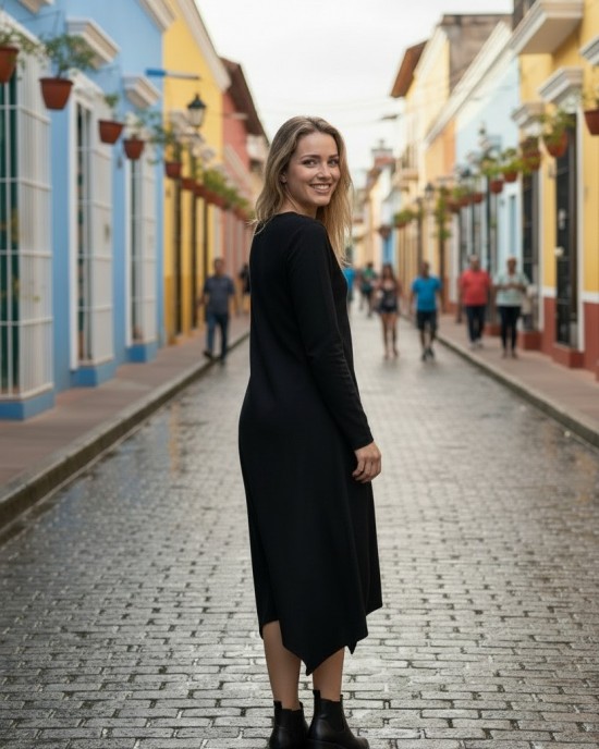 Φόρεμα midi ασύμμετρο, με ανοίγματα στο πλάι, με λαιμόκοψη στρόγγυλη, με μακρύ μανίκι, μήκος 112εκ, Βαμβάκι 95% με ελασταν 5%  με σχέδιο το πιάνο 