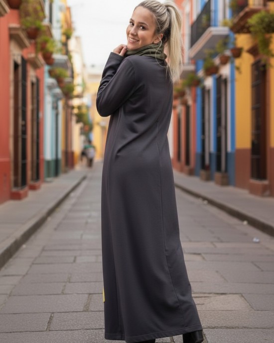 Μακρύ Φόρεμα, με λαιμό σε χρώμα κυπαρισσί, μακρύ μανίκι, βαμβάκι95% ελαστάν, μήκος 135εκ., με σχέδιο λουλουδάκια (διατίθεται κατόπιν επιλογή χωρίς λαιμό)